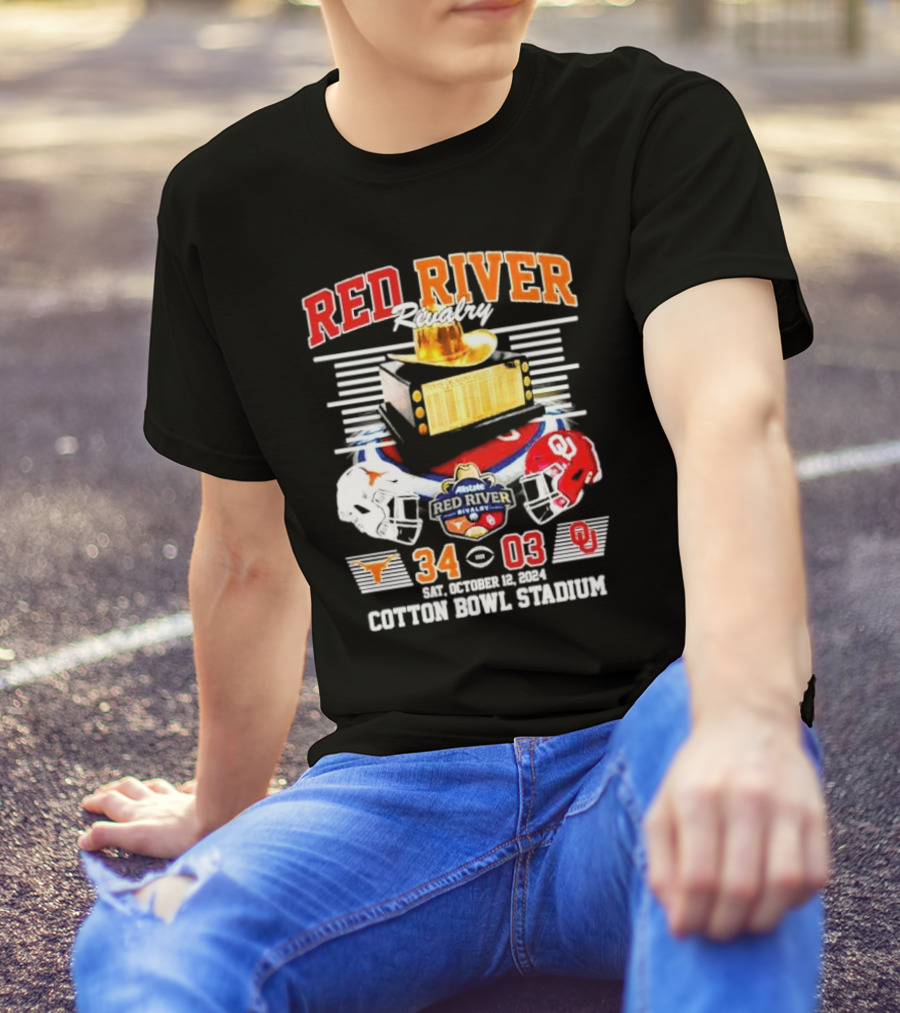 Red River Rivalry Texas Longhorns Vs Oklahoma Sooners 34 03 Sat October 12 2024 Cotton Bowl Stadium T-Shirt