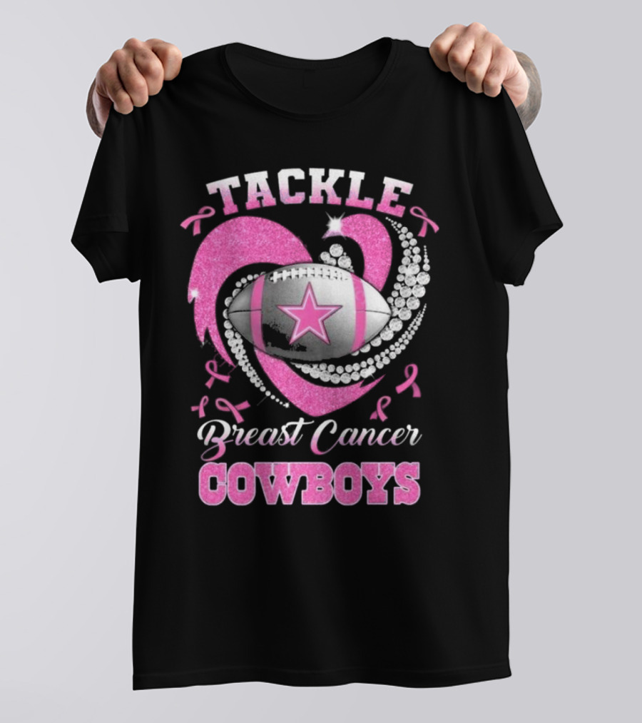 Tackle Breast Cancer Cowboys Heart Football Diamond Pink T-Shirt