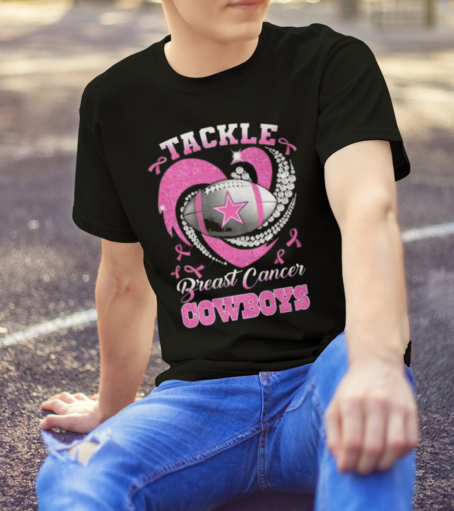 Tackle Breast Cancer Cowboys Heart Football Diamond Pink T-Shirt