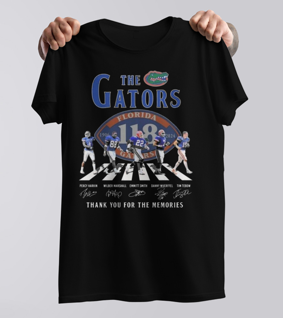 The Florida Gators 1906-2024 Signatures Of Percy Harvin, Wilber Marshall, Emmitt Smith, Danny Wuerffel, Tim Tebow Thank You For The Memories T-Shirt