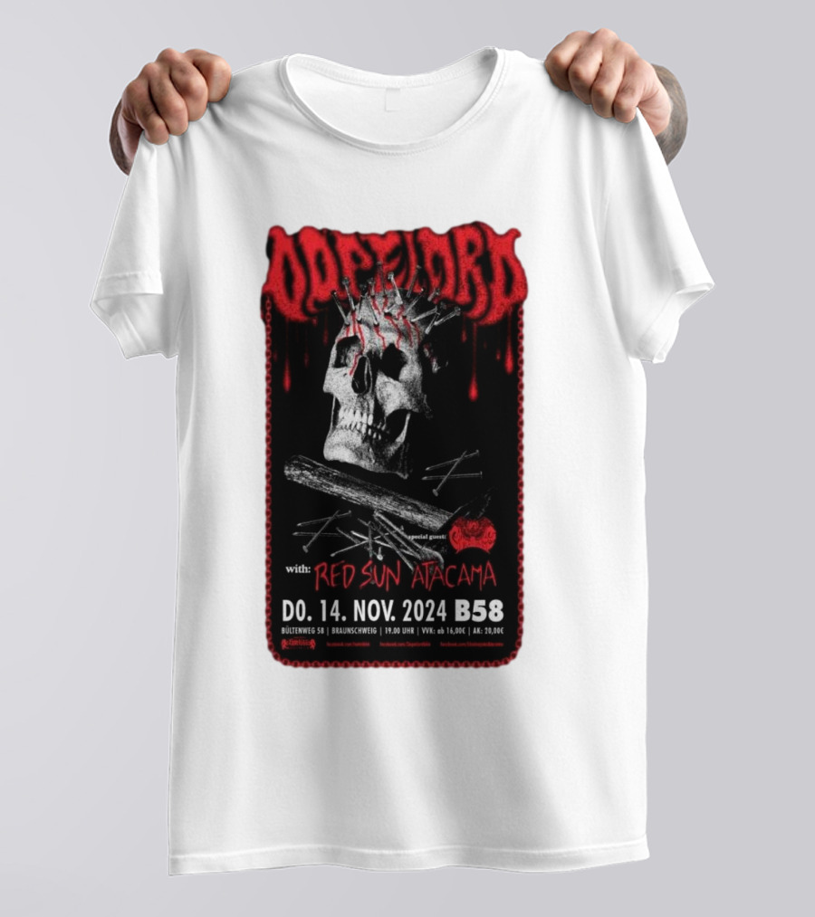 Dopelord With Red Sun Atacama Nov 14 2024 Jugendzentrum B58 Braunschweig Germany Skull Nails Cross Icons T-Shirt