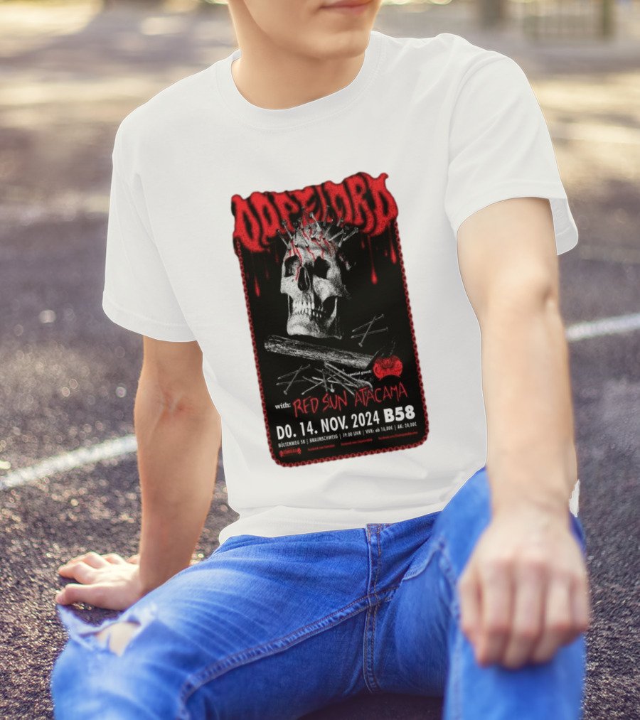 Dopelord With Red Sun Atacama Nov 14 2024 Jugendzentrum B58 Braunschweig Germany Skull Nails Cross Icons T-Shirt