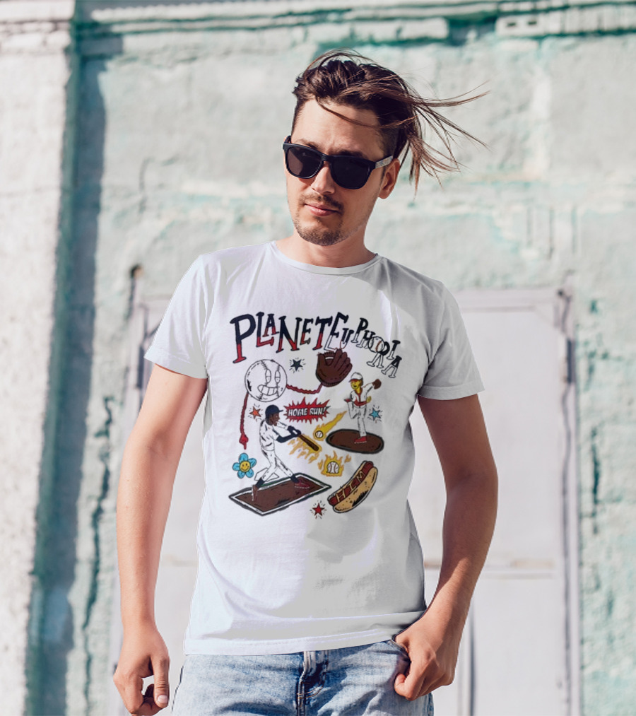 Planet Euphoria Baseball Home Run Hot Dog Illustration With Players And Glove T-Shirt