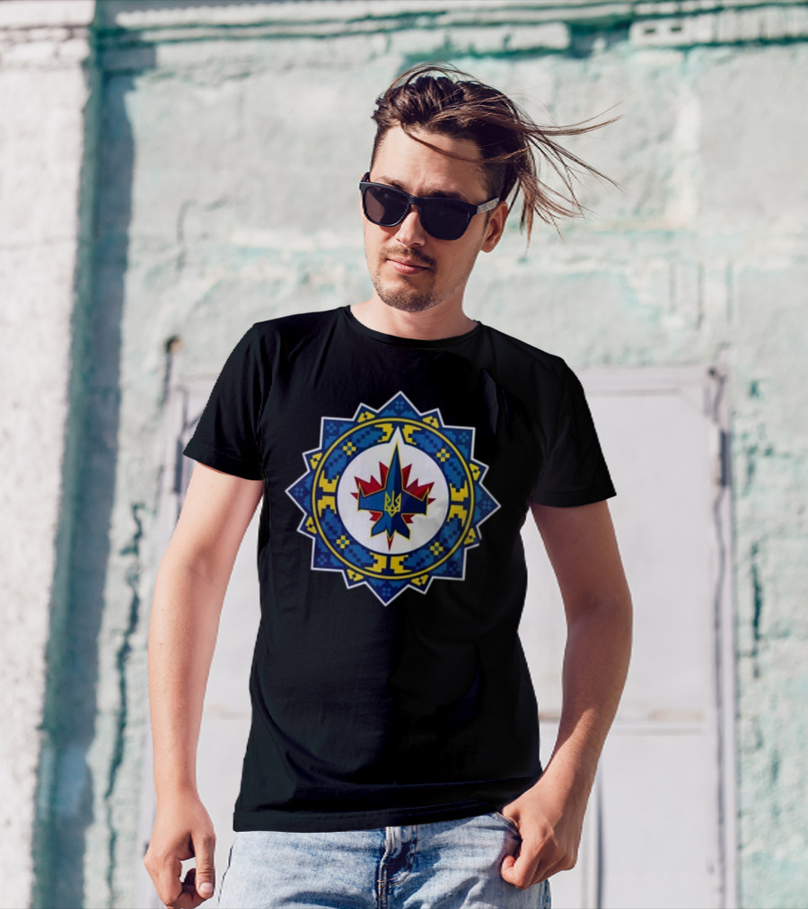 Winnipeg Jets Ukrainian Heritage Night 2025 Ukrainian Coat Of Arms With Hockey Theme T-Shirt