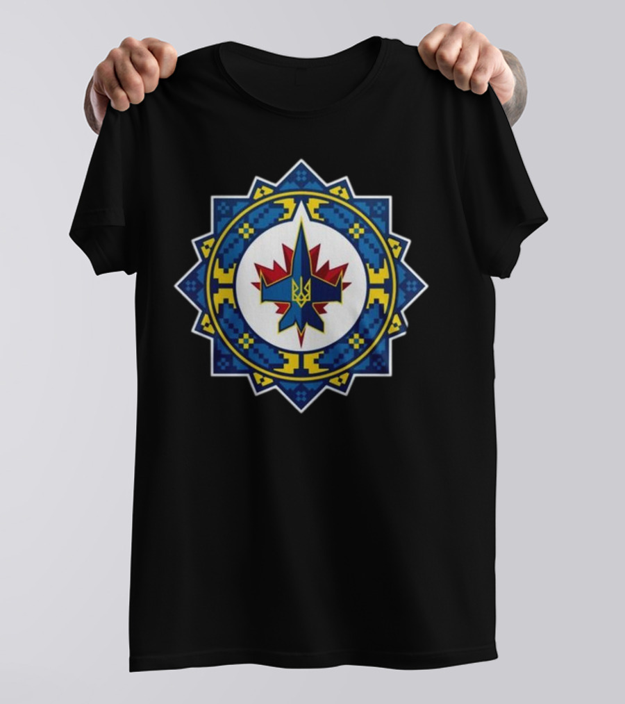 Winnipeg Jets Ukrainian Heritage Night 2025 Ukrainian Coat Of Arms With Hockey Theme T-Shirt