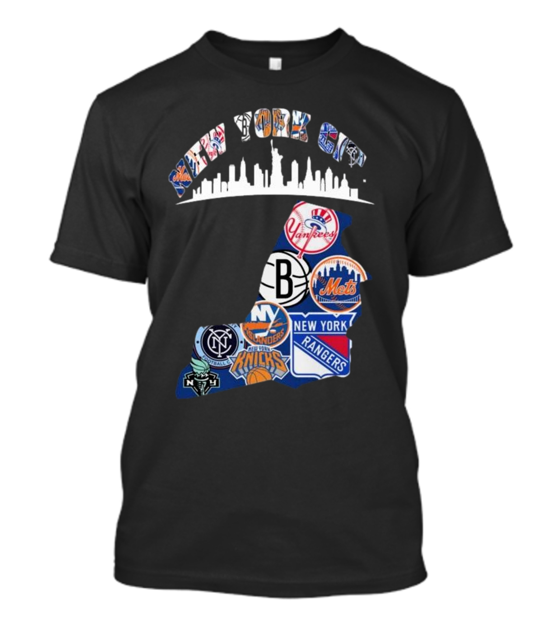 New York City Yankees Mets Rangers Knicks Islanders Liberty NYCFC Sports Team Skyline T-Shirt