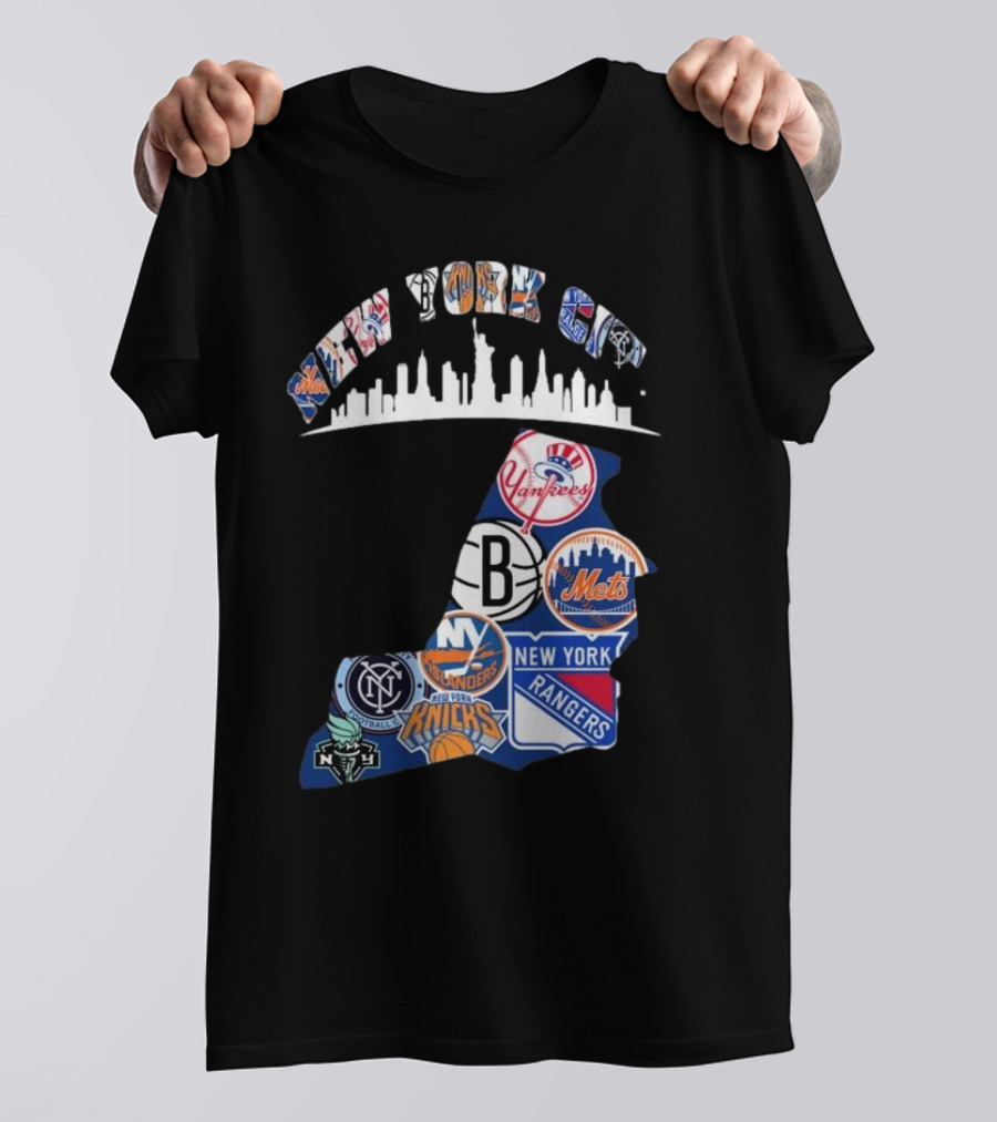 New York City Yankees Mets Rangers Knicks Islanders Liberty NYCFC Sports Team Skyline T-Shirt