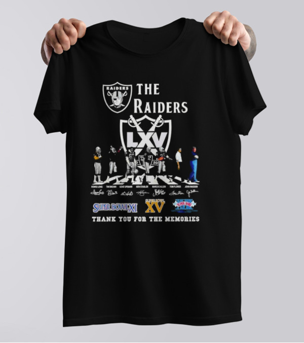 The Las Vegas Raiders Super Bowl XI XV XVIII Thank You For The Memories Abbey Road Signatures Lyle Alzado Howie Long Ken Stabler Marcus Allen Tom Flores John Madden T-Shirt