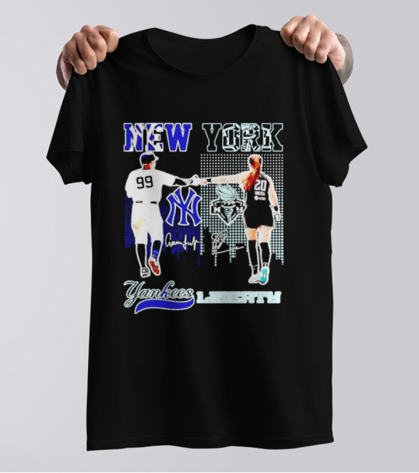 New York Yankees Yankees Aaron Judge Liberty Sabrina Ionescu Signatures Skyline T-Shirt