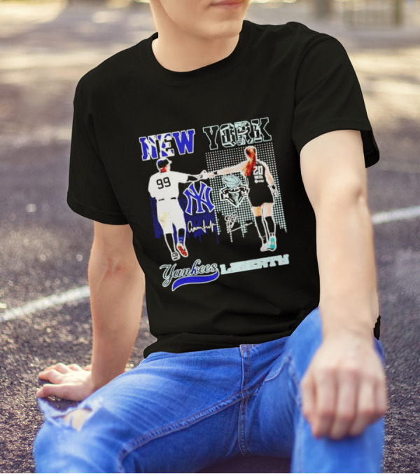 New York Yankees Yankees Aaron Judge Liberty Sabrina Ionescu Signatures Skyline T-Shirt