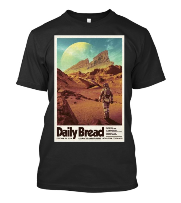 Daily Bread DJ Shadow Flamingosis Red Rocks Amphitheatre Morrison Colorado October 26 2024 Astronaut Desert Landscape T-Shirt