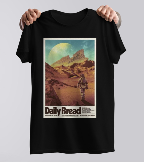 Daily Bread DJ Shadow Flamingosis Red Rocks Amphitheatre Morrison Colorado October 26 2024 Astronaut Desert Landscape T-Shirt