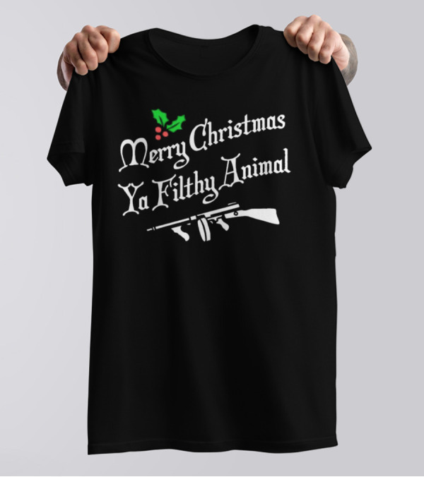 Merry Christmas Ya Filthy Animal Rifle Holly Berries T-Shirt