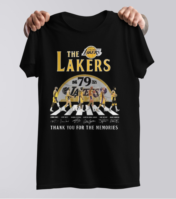 The Lakers 79th Anniversary 1946-2025 Walking Signatures Thank You For The Memories LeBron James Jerry West Shaquille O'Neal Kareem Abdul-Jabbar Kobe Bryant Magic Johnson T-Shirt