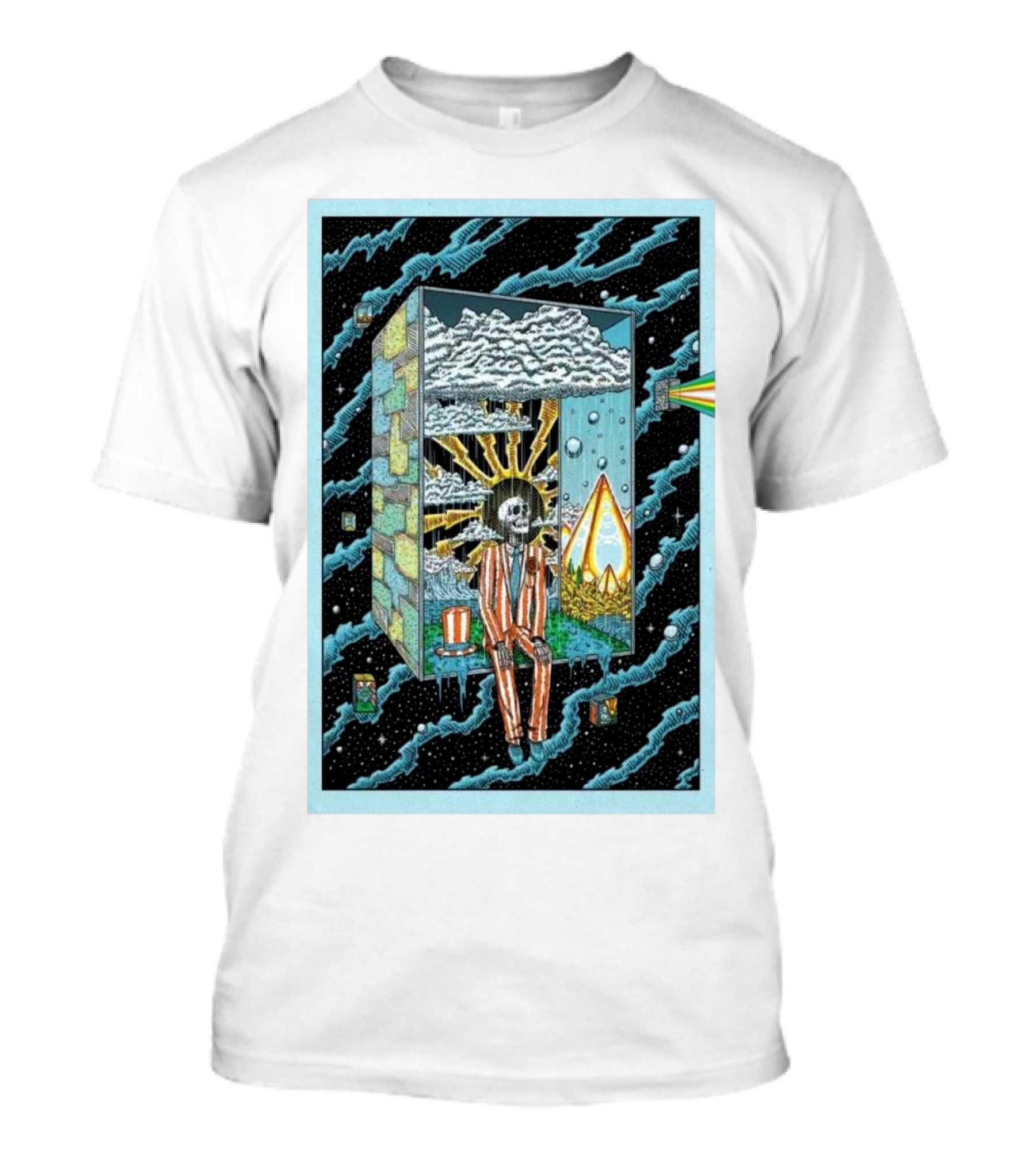 Phil Show 2024 Surreal Skeleton In Striped Suit With Cosmic Rainbow Prism And Illuminated Clouds T-Shirt