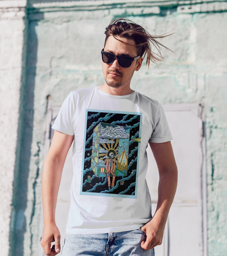 Phil Show 2024 Surreal Skeleton In Striped Suit With Cosmic Rainbow Prism And Illuminated Clouds T-Shirt