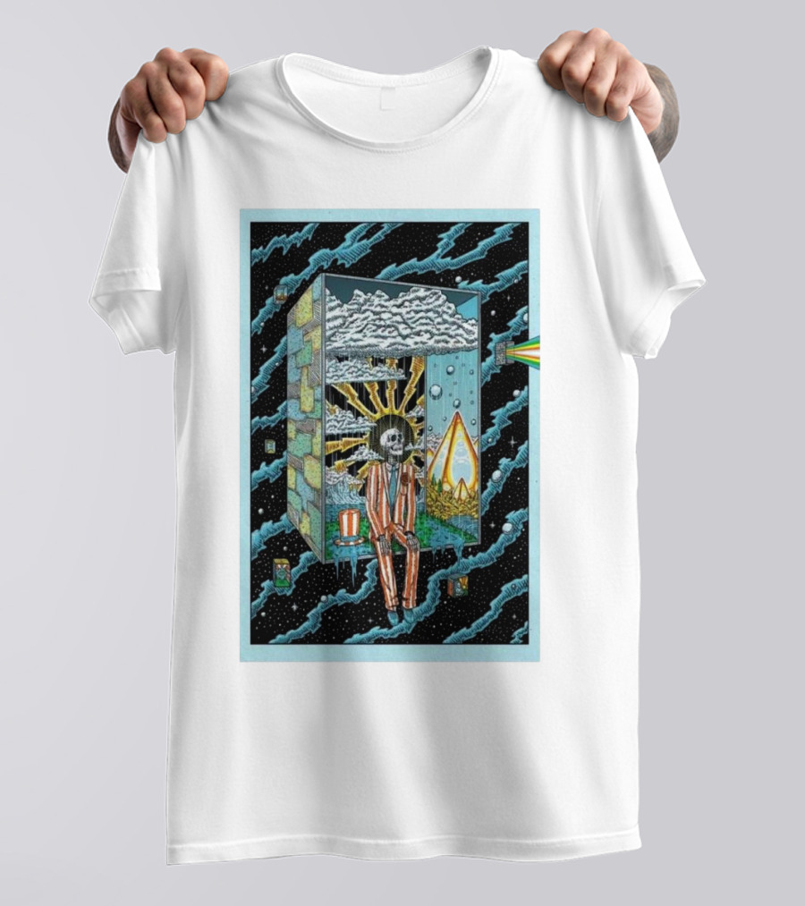 Phil Show 2024 Surreal Skeleton In Striped Suit With Cosmic Rainbow Prism And Illuminated Clouds T-Shirt