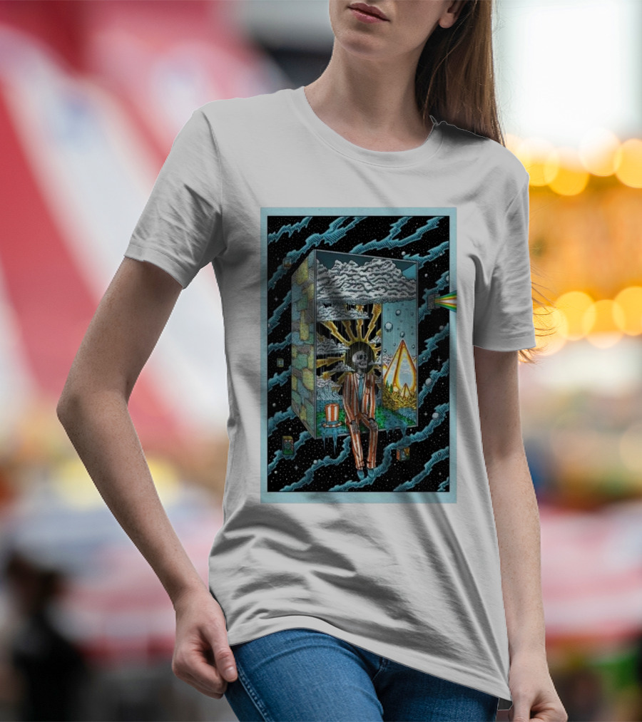 Phil Show 2024 Surreal Skeleton In Striped Suit With Cosmic Rainbow Prism And Illuminated Clouds T-Shirt