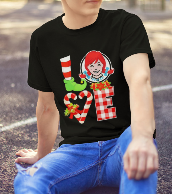 LOVE Elf Wendy’s Christmas Red Stripes Plaid Candy Cane Holiday T-Shirt