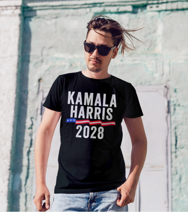 Kamala Harris 2028 With US Flag Stripes And Stars T-Shirt