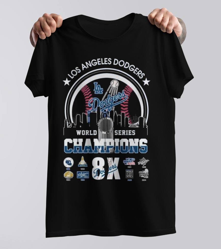 Los Angeles Dodgers 8X World Series Champions 2024 City Skyline With Team Logos And Trophy T-Shirt
