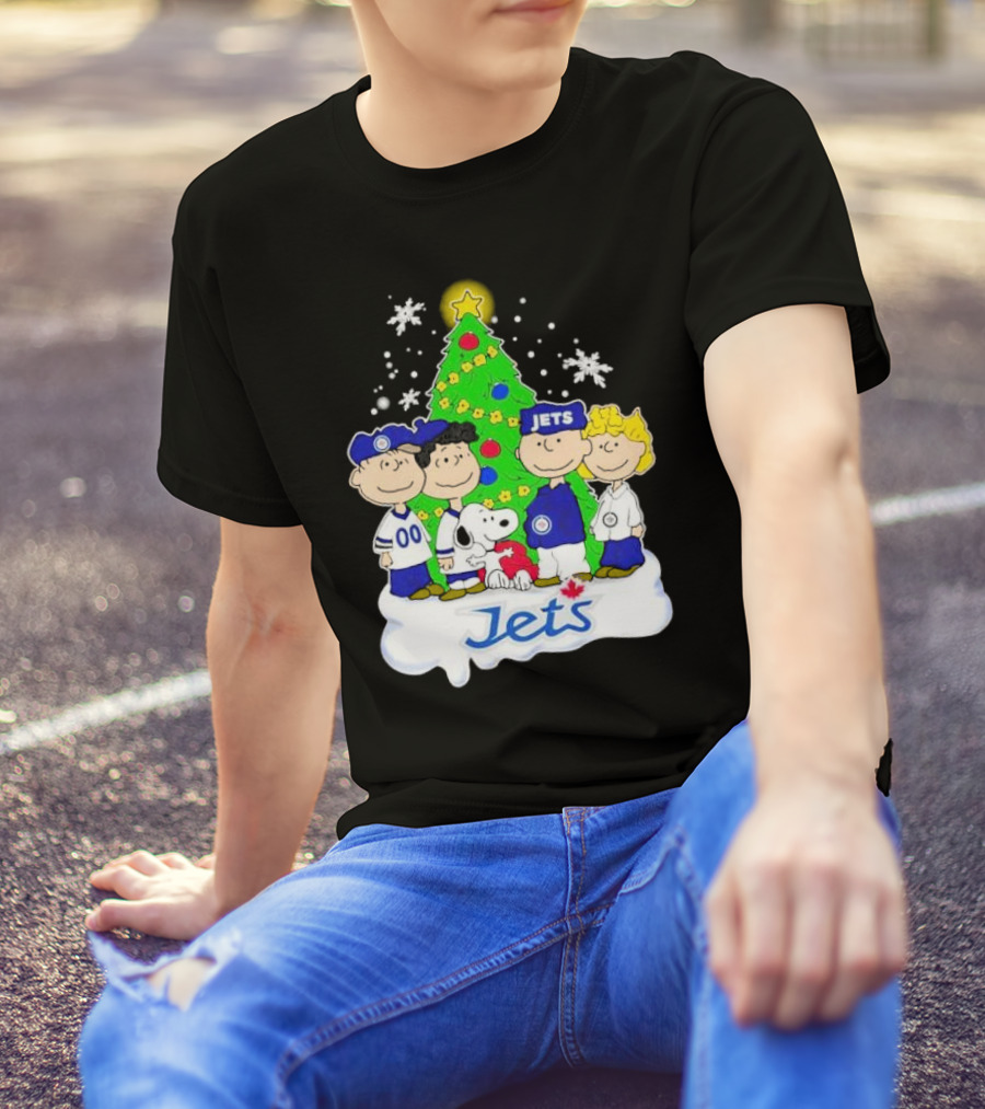 Winnipeg Jets Peanuts Characters Christmas Tree Snoopy Snowflakes T-Shirt