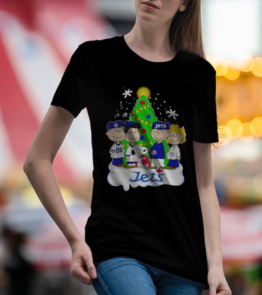 Winnipeg Jets Peanuts Characters Christmas Tree Snoopy Snowflakes T-Shirt