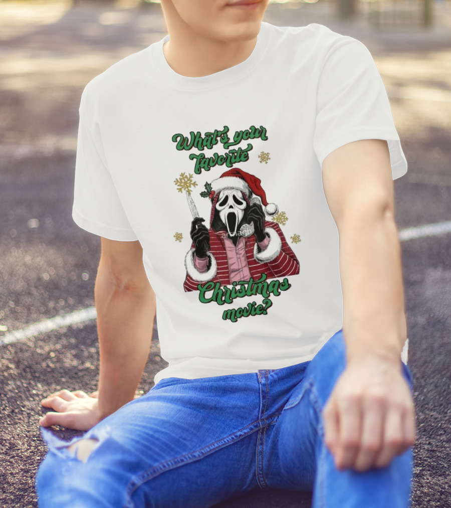 What’s Your Favorite Christmas Movie Santa Skeleton Ghost Face Costume T-Shirt