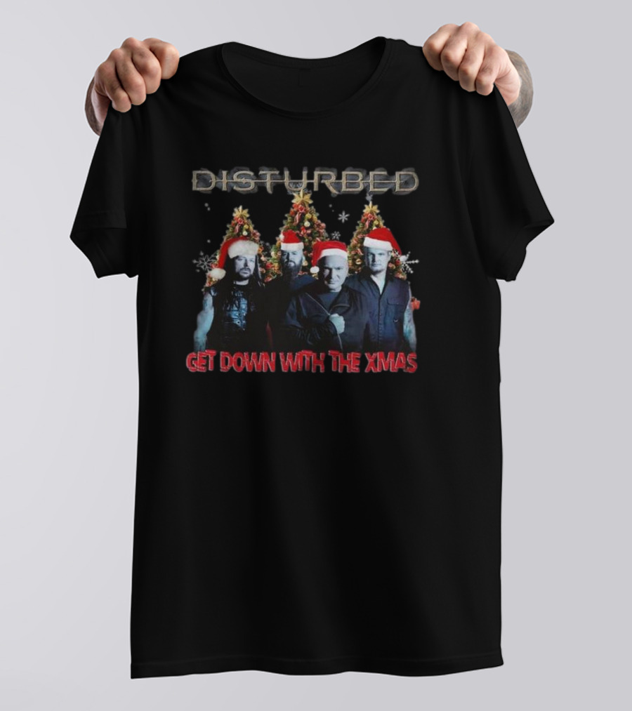 Disturbed Get Down With The Xmas Christmas 2024 Santa Hats Band Members Holiday Trees T-Shirt