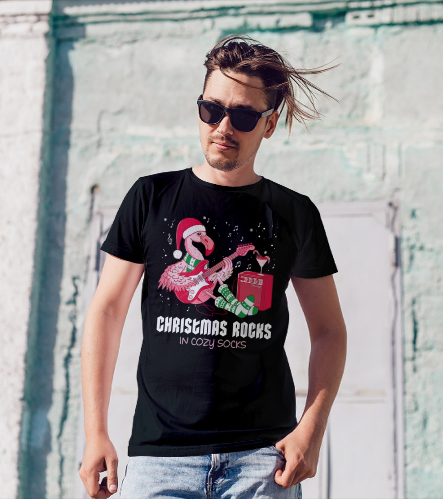 Christmas Rocks In Cozy Socks Flamingo Festive Vibes T-Shirt