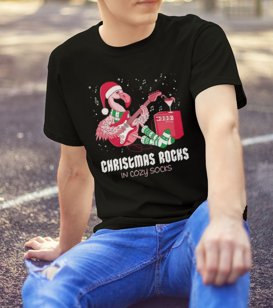 Christmas Rocks In Cozy Socks Flamingo Festive Vibes T-Shirt