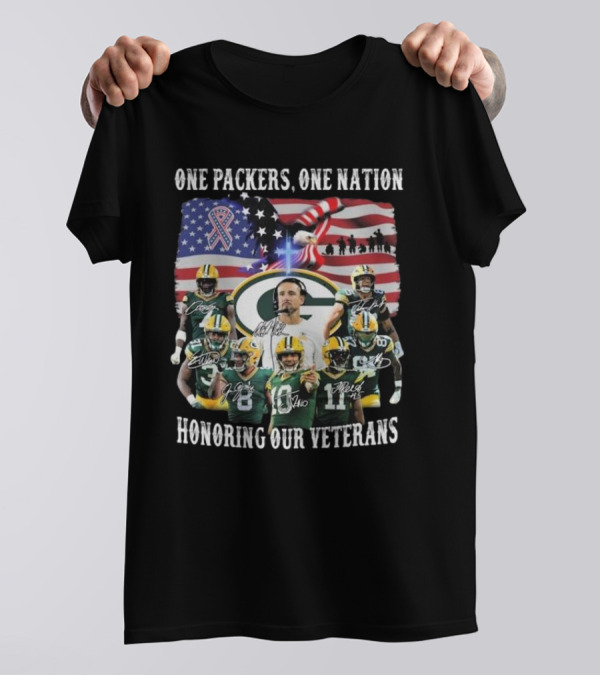 One Packers One Nation Honoring Our Veterans Green Bay Packers Flag Signatures T-Shirt