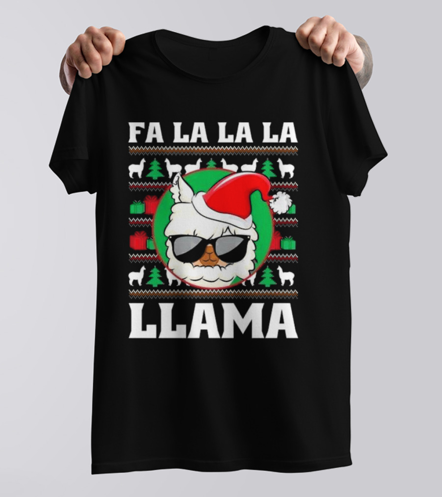 Fa La La La Llama Christmas Ugly Sweater Santa Hat Sunglasses T-Shirt