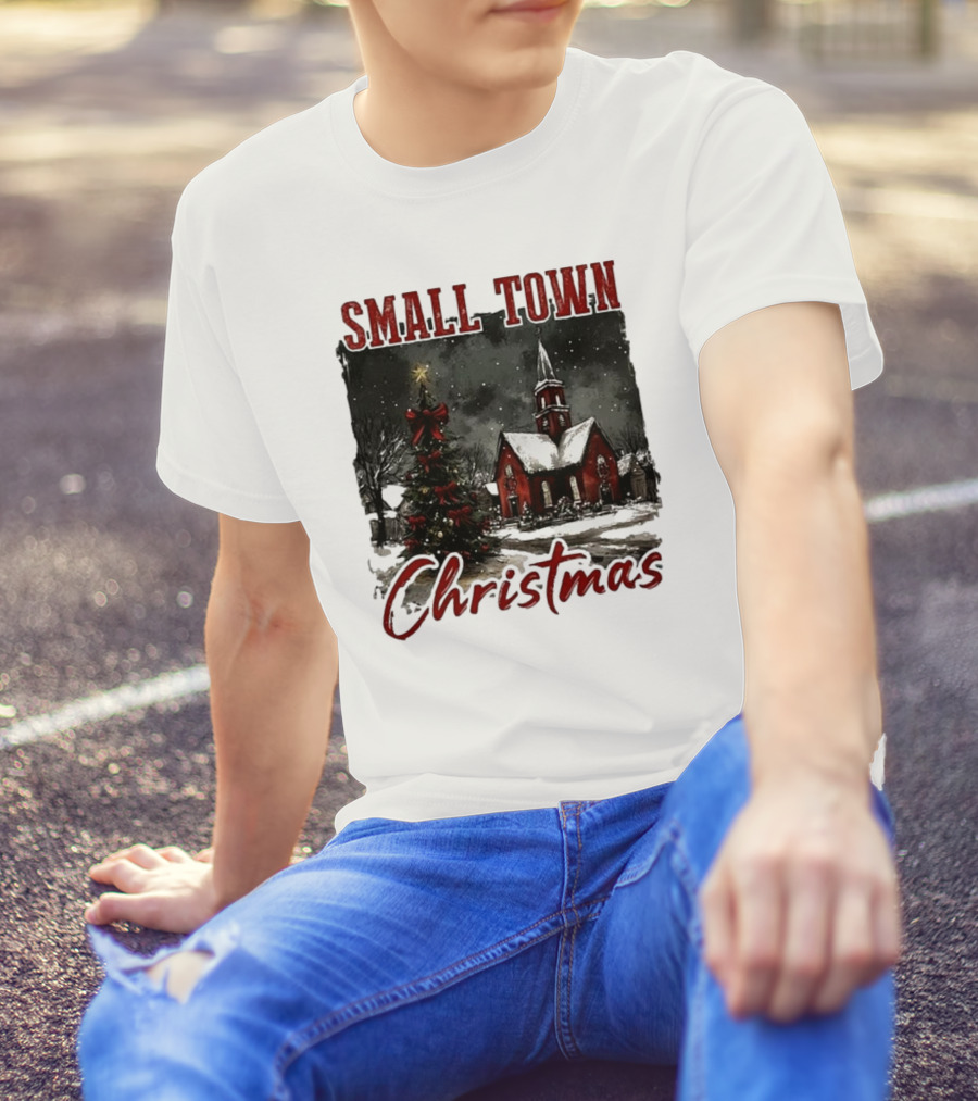 Vintage Retro Small Town Christmas Church Scene T-Shirt