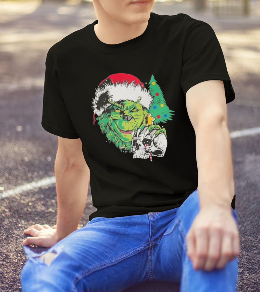 Grinch Santa Hat Skull Christmas Tree Scene T-Shirt