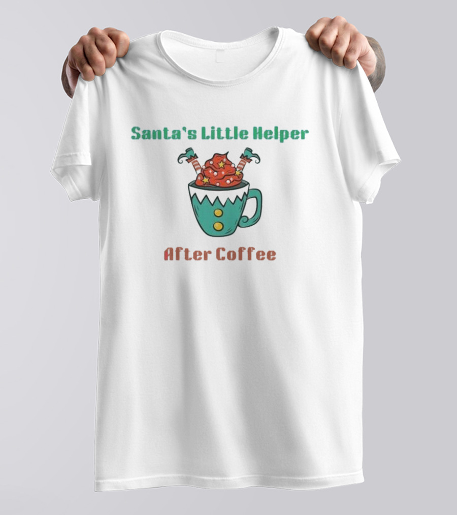 Santa's Little Helper After Coffee Christmas Mug With Candy Canes And Stars T-Shirt