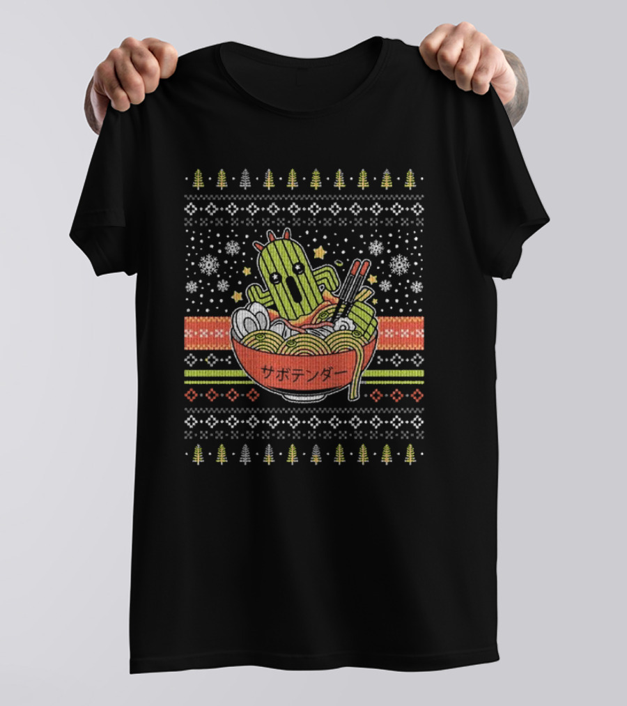 Cactuar Ramen Christmas Sweater Style With Snowflakes And Trees T-Shirt