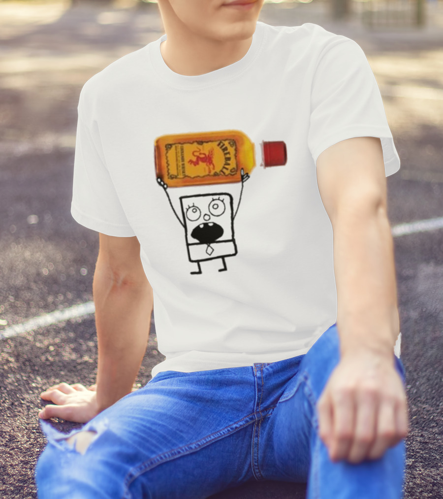 Doodlebob Fireball Whiskey Character Holding Iconic Liquor Bottle T-Shirt