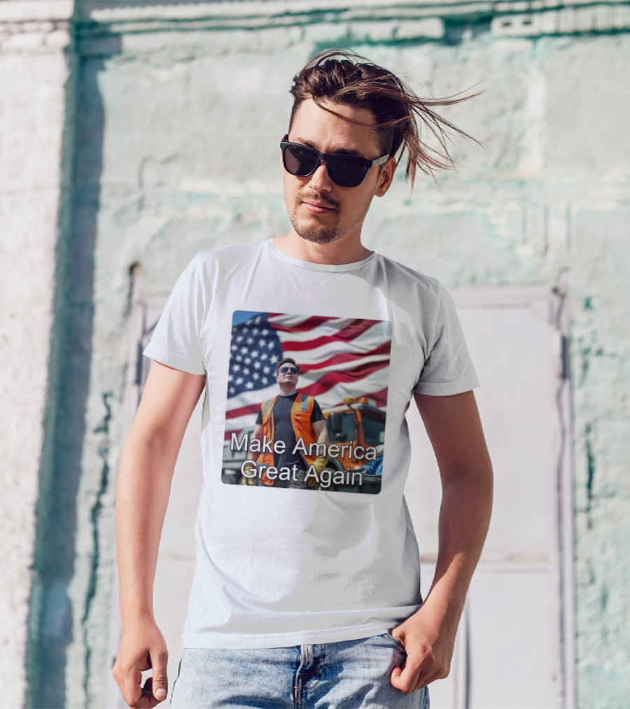Make America Great Again Elon Musk In Orange Vest With American Flag Background T-Shirt