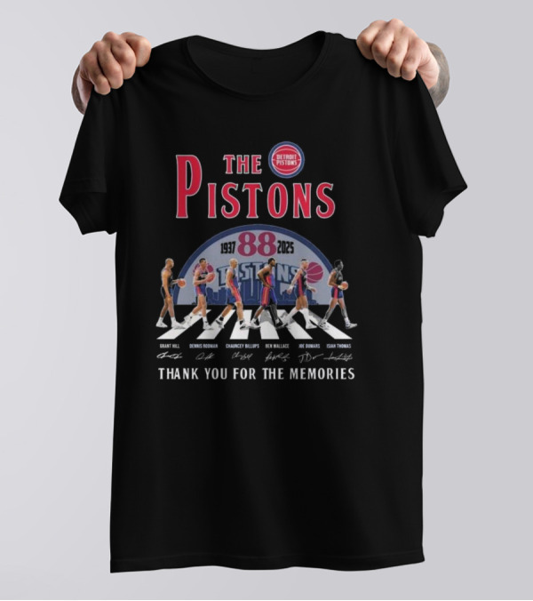 The Pistons 88 1937-2025 Thank You For The Memories Walking Signatures Grant Hill Dennis Rodman Chauncey Billups Ben Wallace Joe Dumars Isiah Thomas T-Shirt