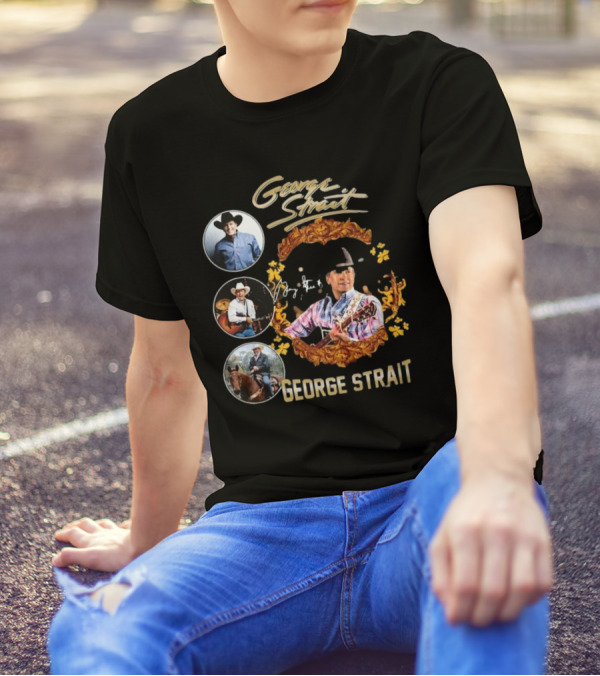 George Strait American Country Music Singer Signature Collage With Cowboy Hat And Guitar T-Shirt