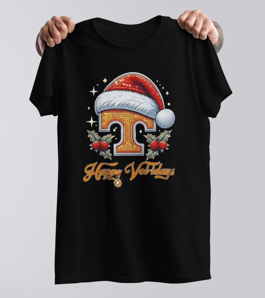 Happy Vol-idays Santa Hat T With Holly And Stars T-Shirt