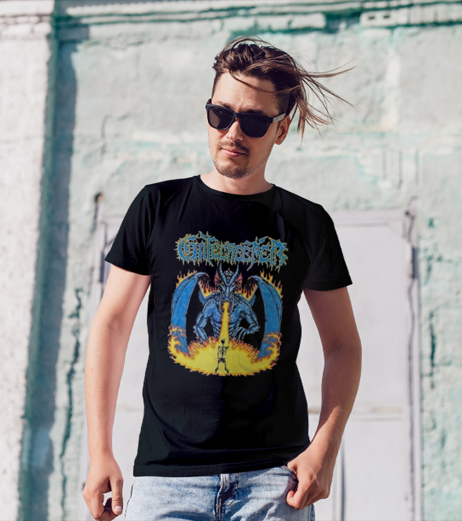 Gatecreeper Blue Dragon Breathing Fire With Fiery Surroundings T-Shirt