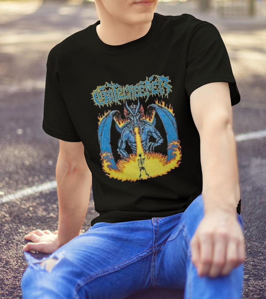 Gatecreeper Blue Dragon Breathing Fire With Fiery Surroundings T-Shirt