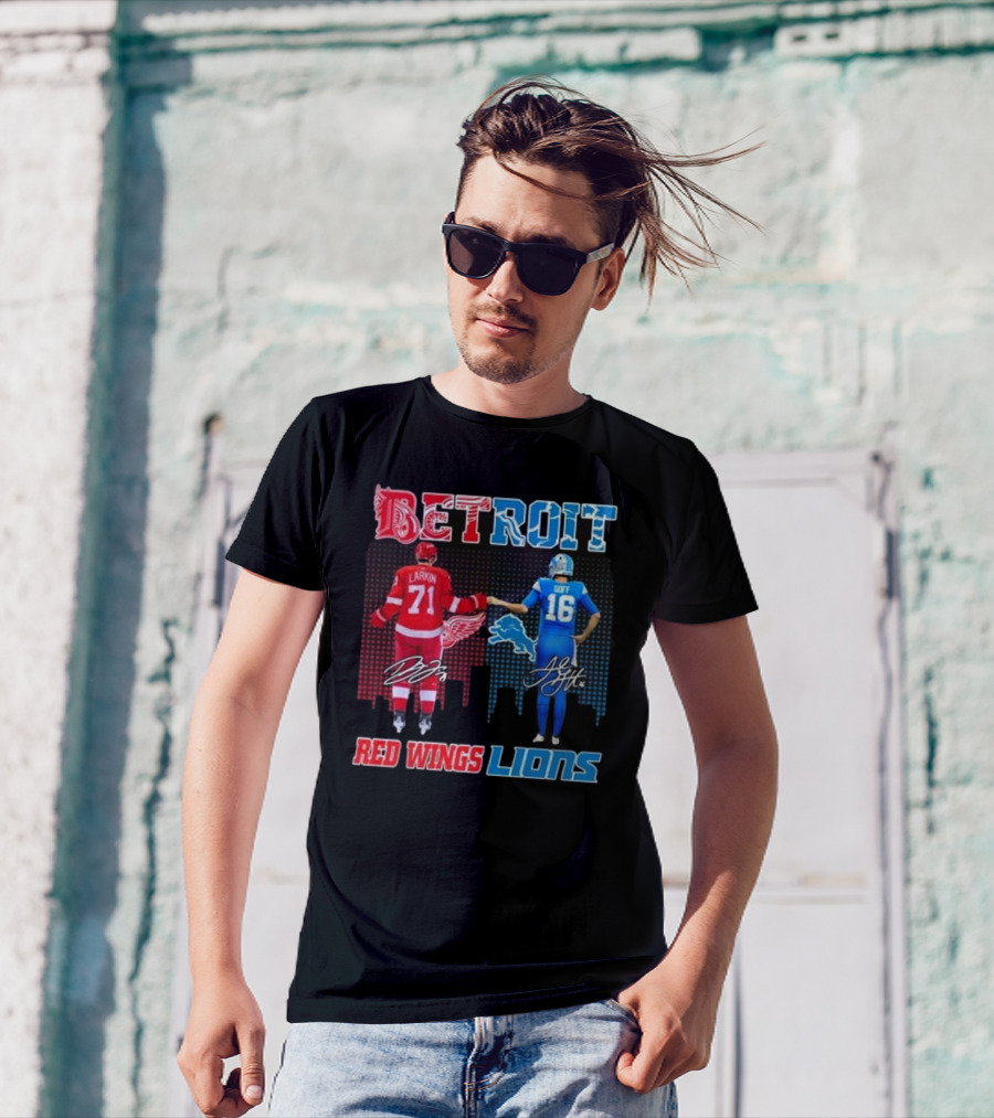 Larkin 71 Detroit Red Wings Goff 16 Detroit Lions Signature Collaboration T-Shirt