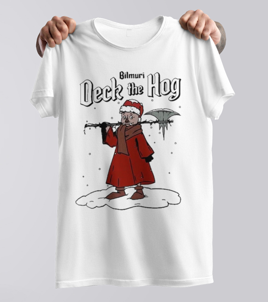 Bilmuri Deck The Hog Santa Pig Holding Weapon Snow Scene T-Shirt
