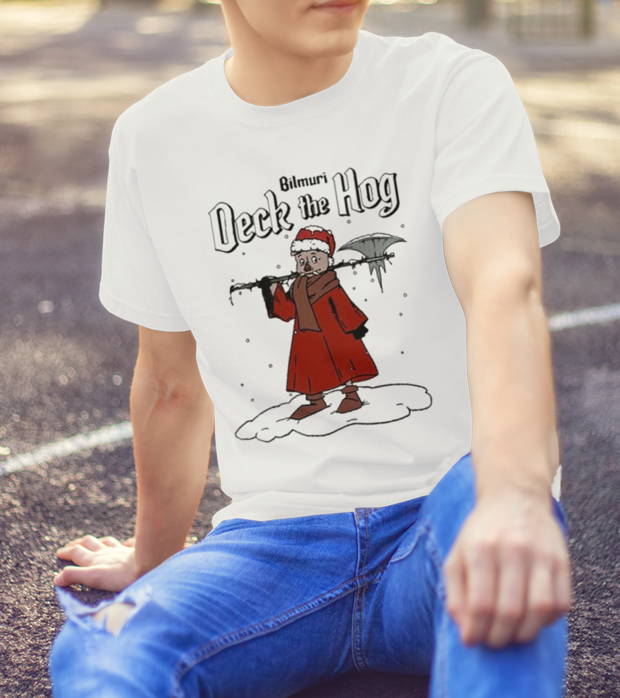 Bilmuri Deck The Hog Santa Pig Holding Weapon Snow Scene T-Shirt