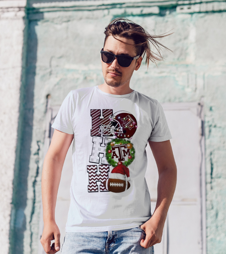 Texas A M Aggies Football Christmas Ho Ho Ho ATM Helmet Wreath Football T-Shirt