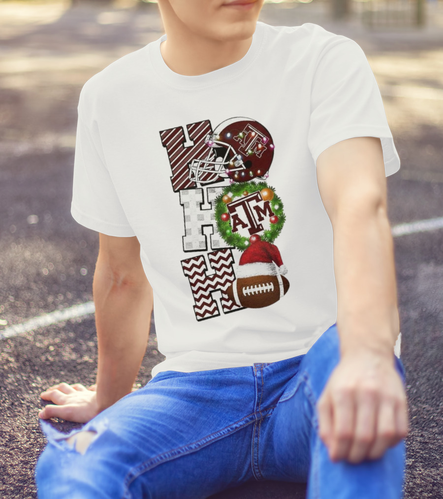 Texas A M Aggies Football Christmas Ho Ho Ho ATM Helmet Wreath Football T-Shirt