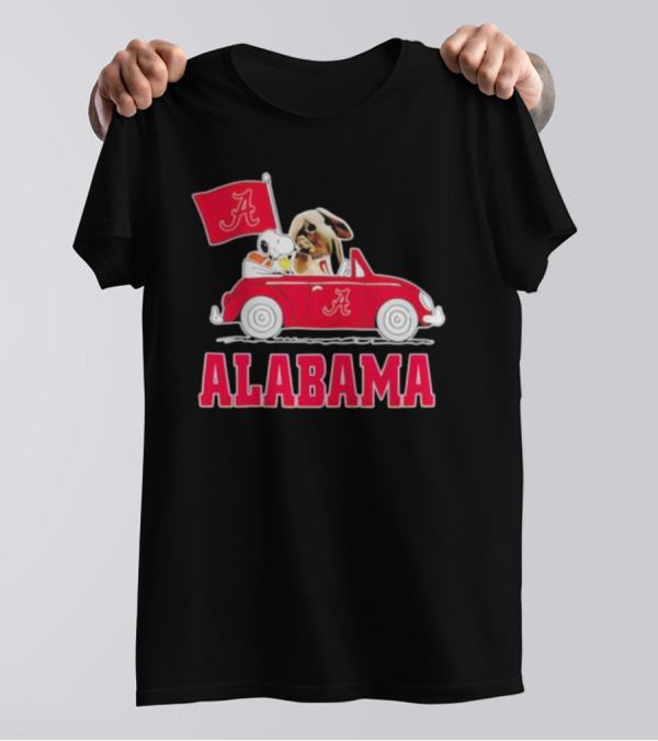 Snoopy And Big Al Driving Red Car With Alabama Flag Crimson Tide T-Shirt